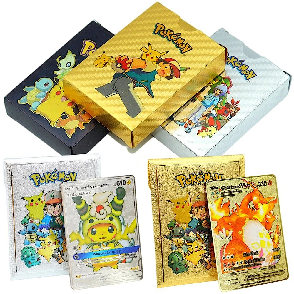 

Pokemon Metal Card Pack Vmax Case Mew GX Box Gold Silver Charizard Spanish Set Eevee Letter Black English Pikachu Paper V Mewtwo