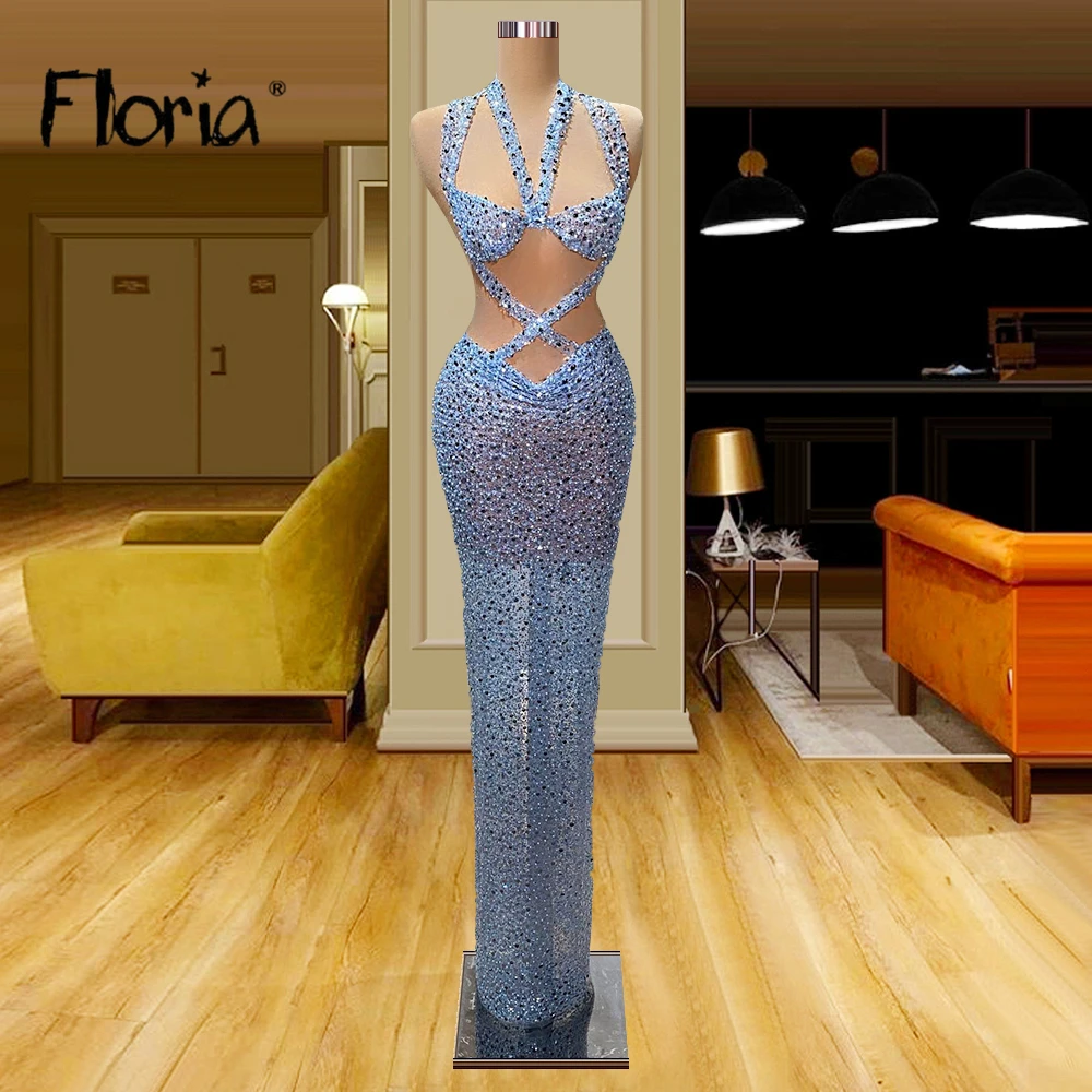

Sexy Illusion Blue Beads Sequin Party Dress Nude Mesh Top Backless Cocktail Dresses Sheath Dress vestido de festa Charming Prom