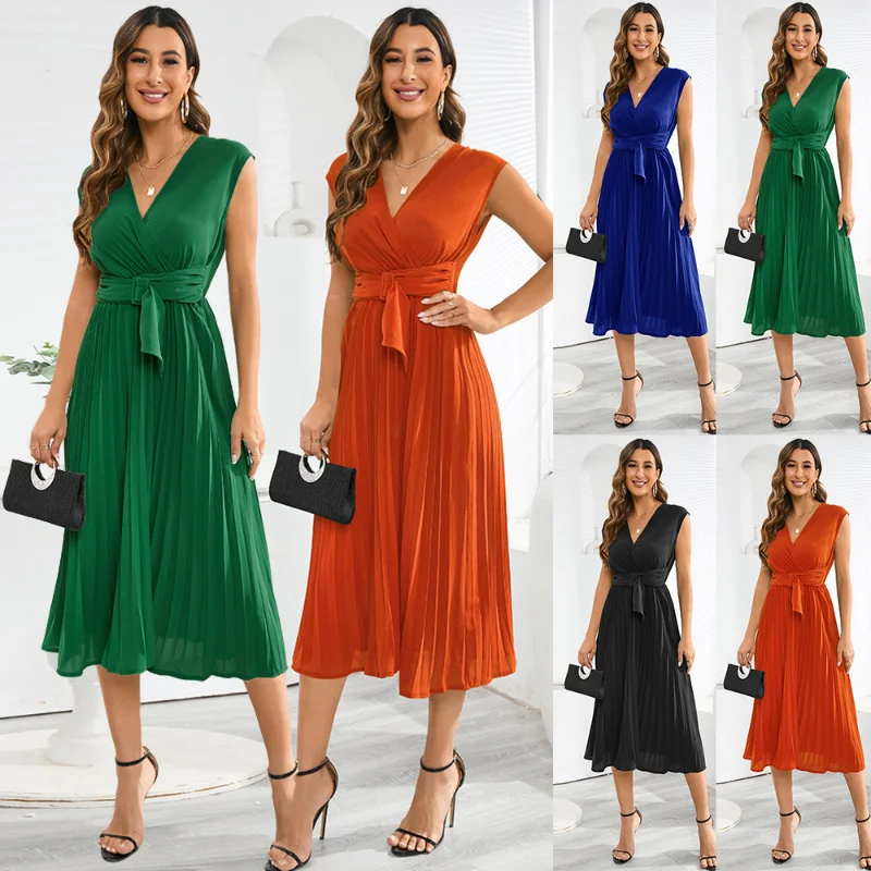 Summer 2023 New Sleeveless V-neck Lace-up Solid Color Dress Fashion Slim Pleated Midi Skirt
Summer 2023 New Sleeveless V-neck Lace-up Solid Color Dress Fashion Slim Pleated Midi Skirt