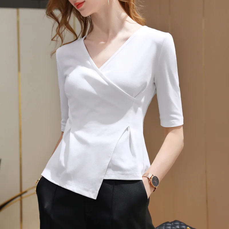 

White T-shirt Women's Summer Crossed V Neck Cotton Tee Lady Half Sleeve White Base Tees Asymmetrical Waisted Niche Chic Tops