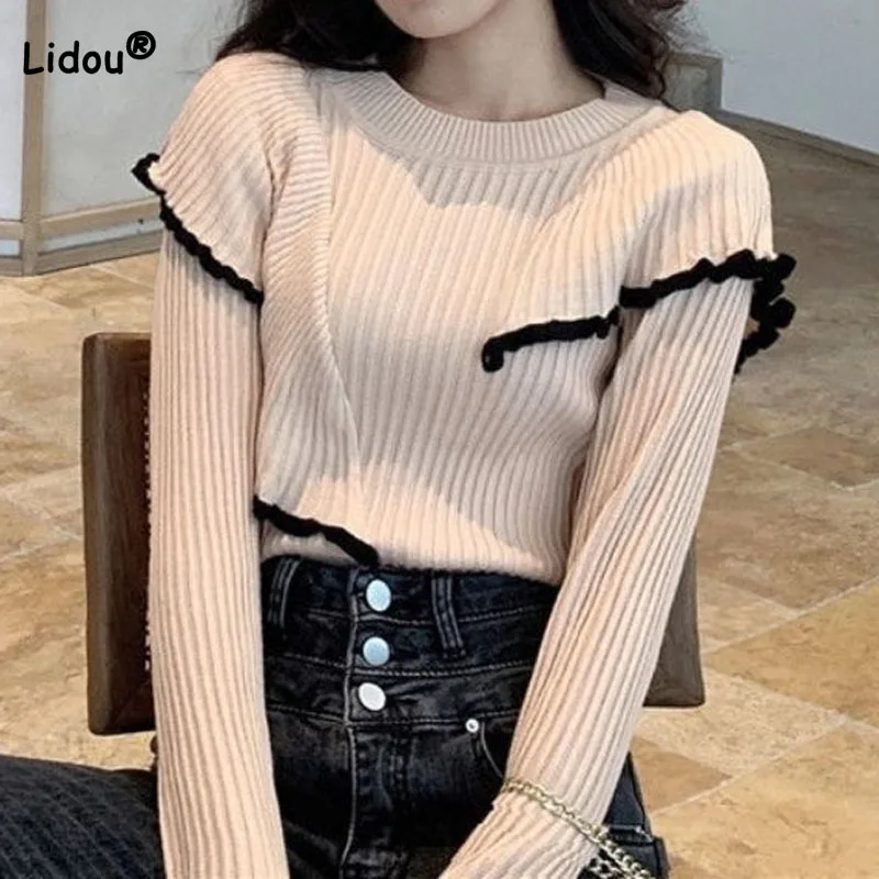 Fashion Sweet Ruffles Spliced Slim Round Neck Sweaters Autumn Winter Women's Korean All-match Long Sleeve Thin Knitted Jumpers
Fashion Sweet Ruffles Spliced Slim Round Neck Sweaters Autumn Winter Women's Korean All-match Long Sleeve Thin Knitted Jumpers
