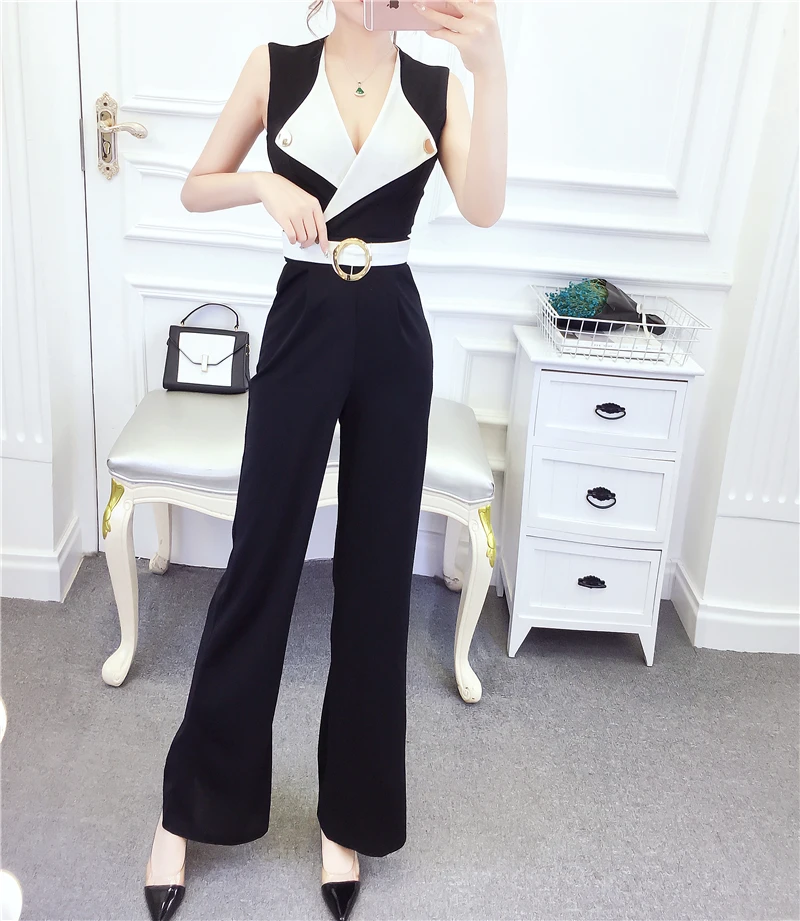 Women Jumpsuit Summer Sexy V-neck Hit Color Belt Jumpsuit High Streetwear Bodycon Wide Leg Romper Black Overalls
Women Jumpsuit Summer Sexy V-neck Hit Color Belt Jumpsuit High Streetwear Bodycon Wide Leg Romper Black Overalls