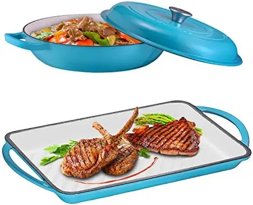 Cast Iron 2 Piece Gift Set, 3.8 Quart Braiser Pan with Lid, Rectangular Grill Pan Cookware Set, Marine Blue Plate for cooking Ac
Cast Iron 2 Piece Gift Set, 3.8 Quart Braiser Pan with Lid, Rectangular Grill Pan Cookware Set, Marine Blue Plate for cooking Ac