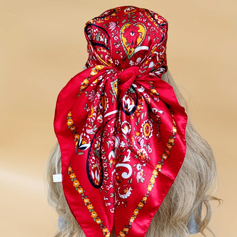 

Модный пляжный квадратный большой платок роскошный дизайн 90x90 см Шелковый Хиджаб на все четыре сезона Новый головной платок популярные женские солнцезащитные Шали