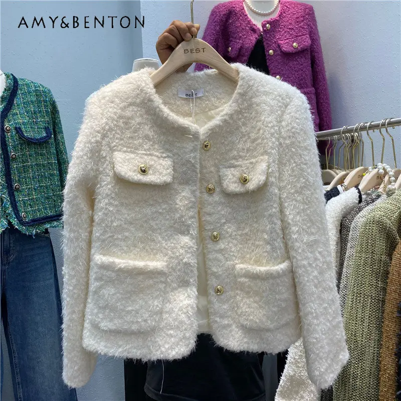 Women's Wool Tweed Coat Temperament Crew Neck Single-Breasted Thickened Long-Sleeved Top for Ladies Fashion New Jacket Coat
Women's Wool Tweed Coat Temperament Crew Neck Single-Breasted Thickened Long-Sleeved Top for Ladies Fashion New Jacket Coat