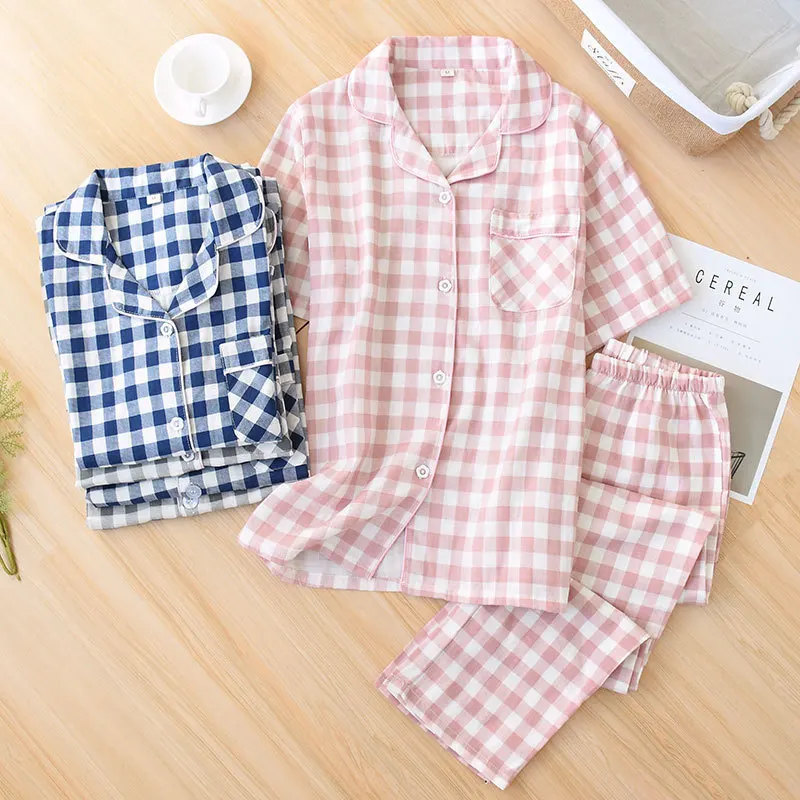 Couples Cotton Plaid Pajamas Set Short-sleeved Trousers Summer Men Thin Lapel Loose Home Wear Clothes for Women Sleepwear Pijama
Couples Cotton Plaid Pajamas Set Short-sleeved Trousers Summer Men Thin Lapel Loose Home Wear Clothes for Women Sleepwear Pijama