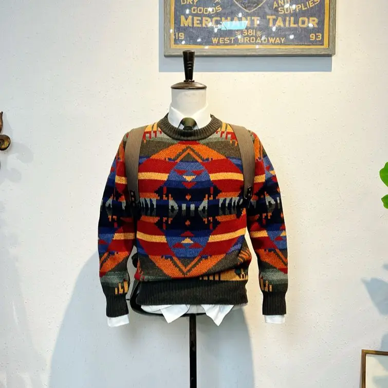 

Tailor Brando Nine Colors Jacquard 645g Australian Wool Navajo Style Geometric Totem Sweater Round Neck Wool Sweater