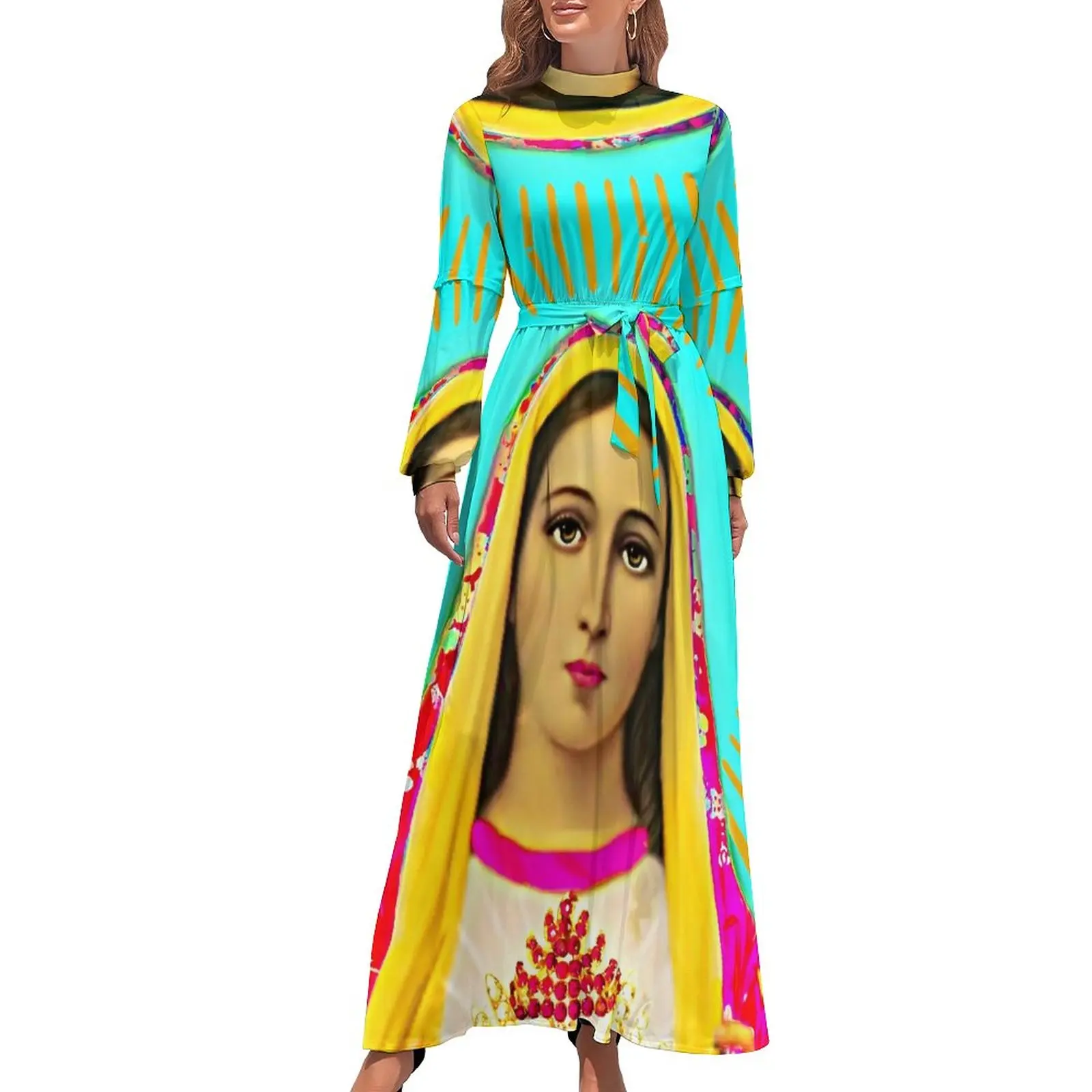 

Дева Мария, платье с высоким воротником, Дева Мария, наша Леди, гуадалуп, печатные богемные платья, корейская мода с длинным рукавом, длинное платье, современная одежда