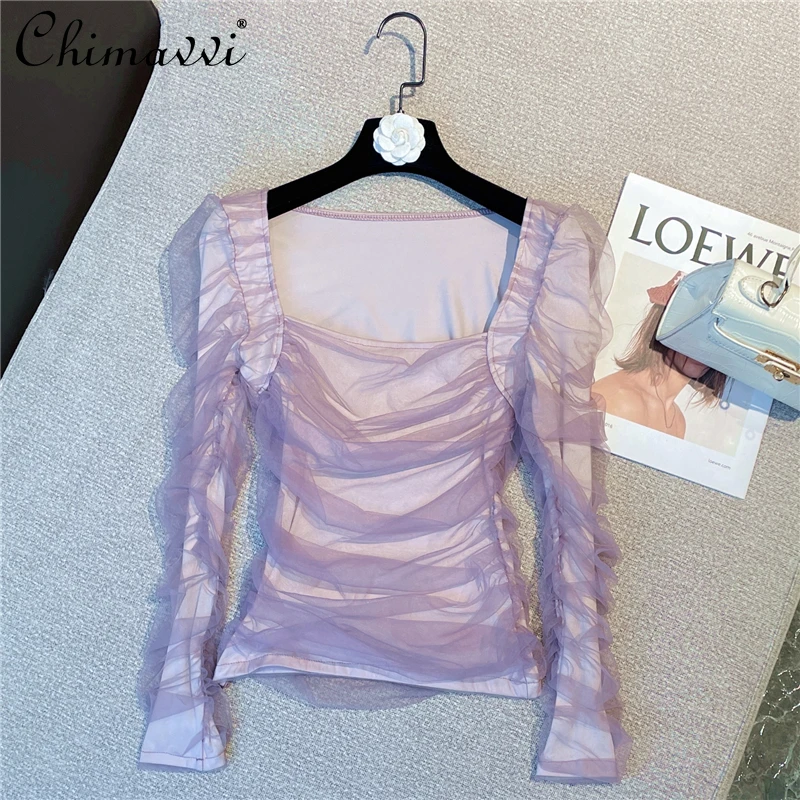 2022 Spring New Female French Elegant Pleated Slim Fit T-shirt Women's Fashion Simple Sexy Solid Color Mesh Pullover Top Tees
2022 Spring New Female French Elegant Pleated Slim Fit T-shirt Women's Fashion Simple Sexy Solid Color Mesh Pullover Top Tees