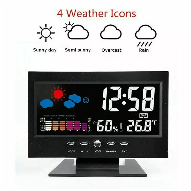 Digital Clock Intelligent Weather Station Alarm Calender Clocks Function Thermometer Temperature Humidity Meter Desk Alarm Clock 
Digital Clock Intelligent Weather Station Alarm Calender Clocks Function Thermometer Temperature Humidity Meter Desk Alarm Clock