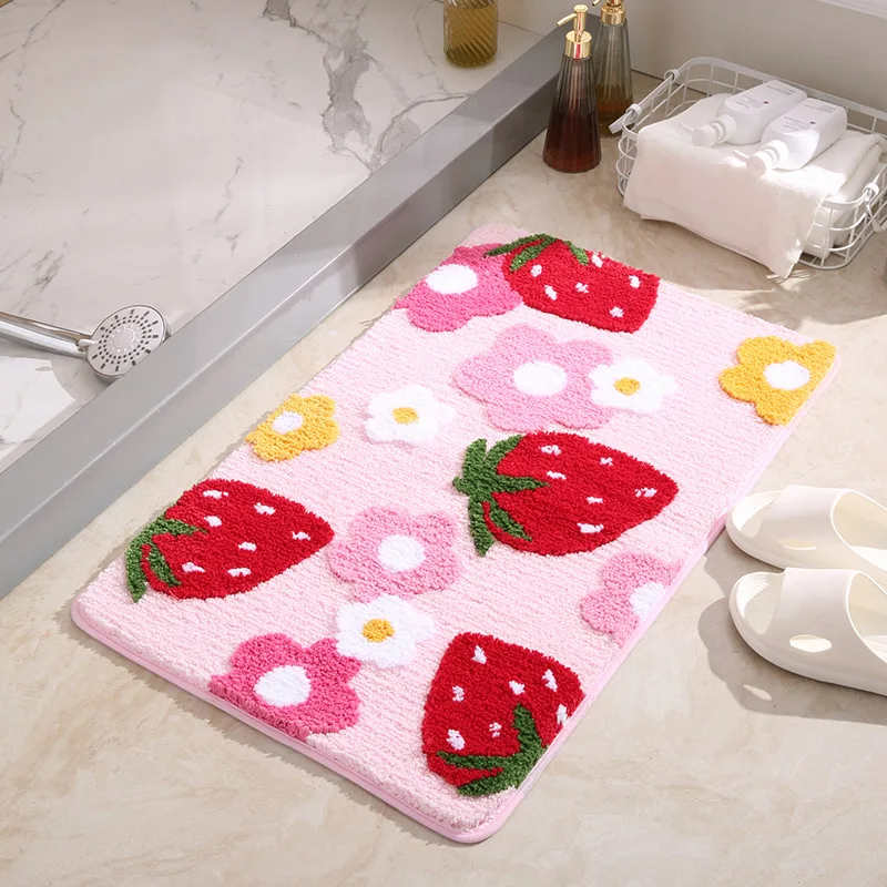 

2023 Cute Strawberry Flocking Bath Mat Pink Sweet Girls Home Decor Carpet Bedroom Rug Non-slip Absorbent Hallway Entrance Door