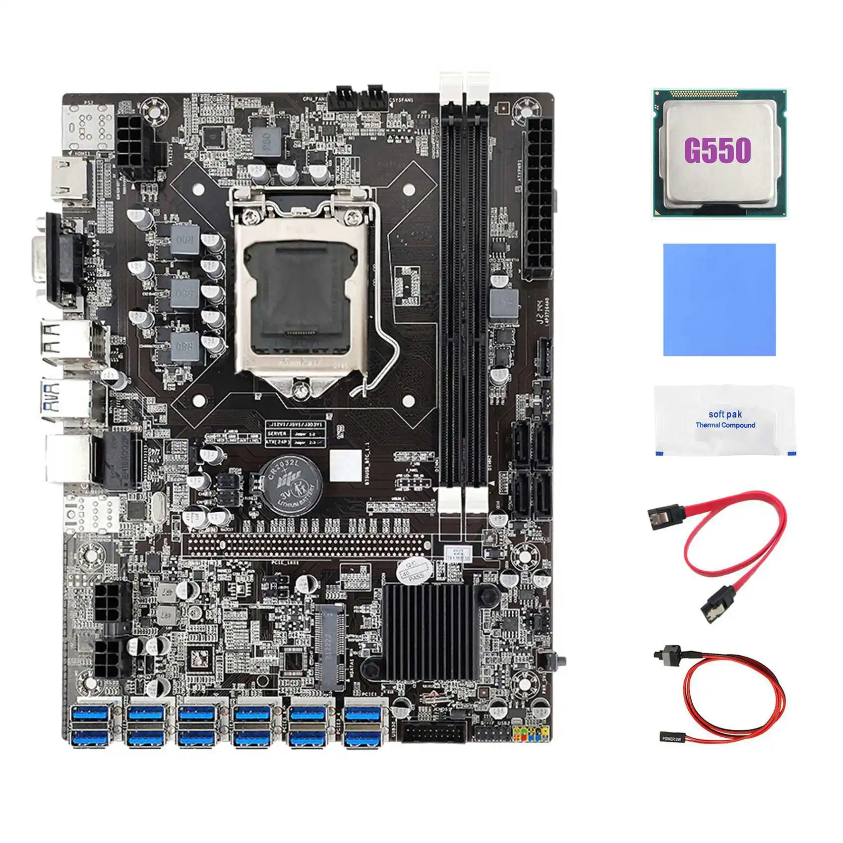 B75 ETH Mining Motherboard 12 PCIE to USB+G550 CPU+Switch Cable+SATA Cable+Thermal Grease+Thermal Pad B75 Motherboard
B75 ETH Mining Motherboard 12 PCIE to USB+G550 CPU+Switch Cable+SATA Cable+Thermal Grease+Thermal Pad B75 Motherboard