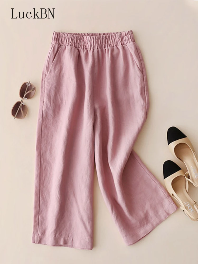 Trousers Women's Solid Color Elastic Waist Pants Korean Fashion Wide Leg Office Pants Casual Loose Cotton Linen Spring Summer
Trousers Women's Solid Color Elastic Waist Pants Korean Fashion Wide Leg Office Pants Casual Loose Cotton Linen Spring Summer