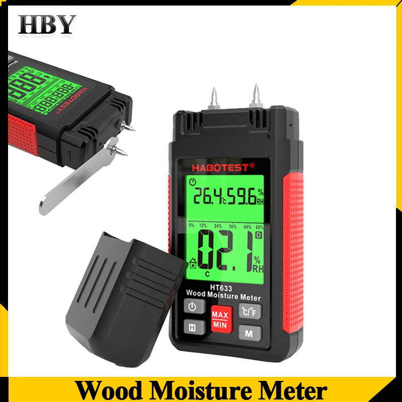 

HT633 Digital Wood Moisture Meter LCD Two Pins Hygrometer Timber Damp Detector Professional Wood Humidity Tester with Backlight