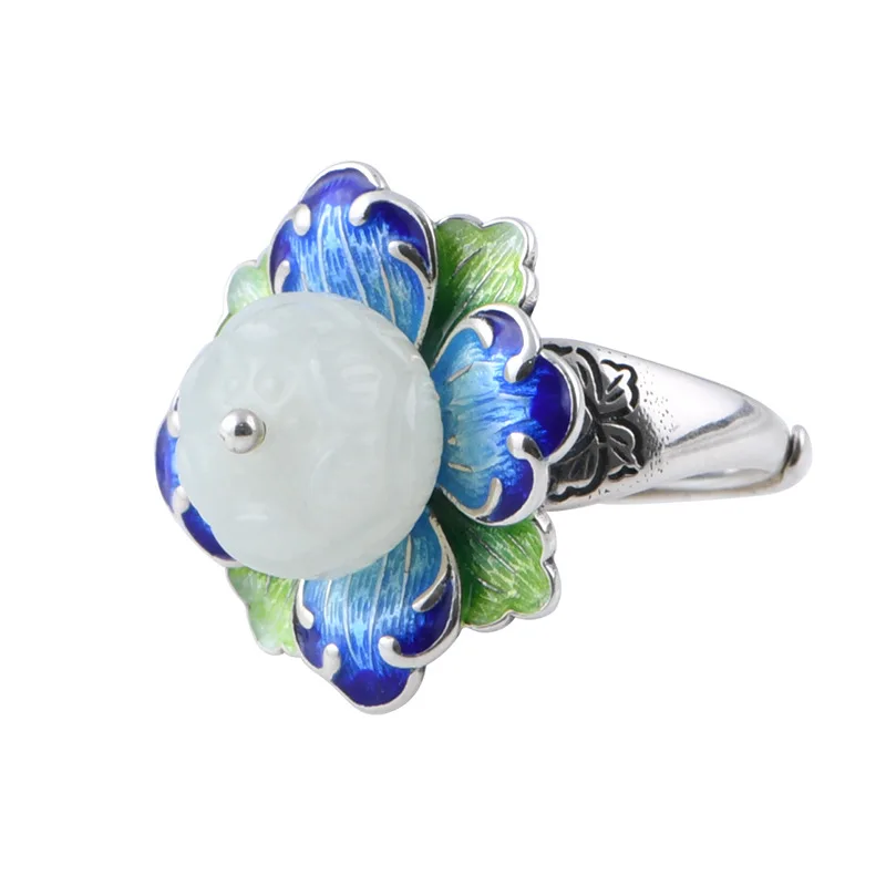 925 Sterling Silver Enamel Flower Ring with Hetian Jade for Women,Open and Adjustable
925 Sterling Silver Enamel Flower Ring with Hetian Jade for Women,Open and Adjustable