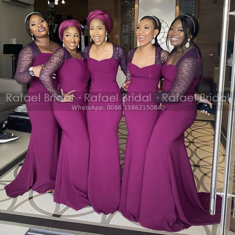 Sheer Lace Square Neck Bridesmaid Dresses With Long Sleeves Mermaid Black Girls Formal Maid Of Honor Dress Party 
Sheer Lace Square Neck Bridesmaid Dresses With Long Sleeves Mermaid Black Girls Formal Maid Of Honor Dress Party