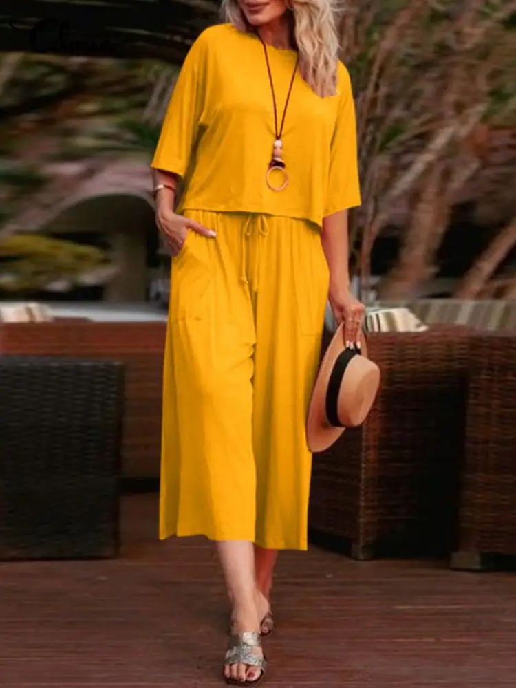 Casual 2 PCS Pant Sets Celmia Leisure Loose O Neck 3/4 Sleeve Top and Elastic Waist Capris Sets Women Solid Color Holiday Sets
Casual 2 PCS Pant Sets Celmia Leisure Loose O Neck 3/4 Sleeve Top and Elastic Waist Capris Sets Women Solid Color Holiday Sets