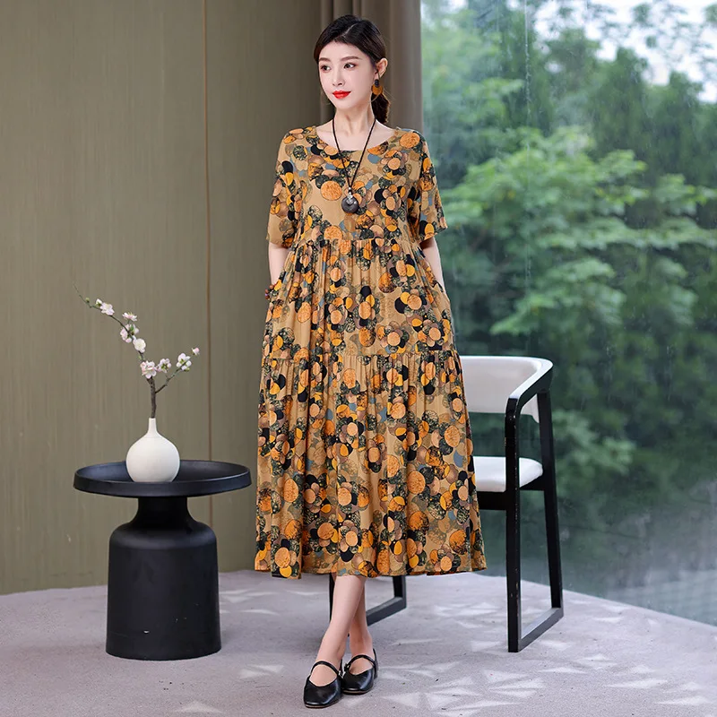 

Beardon 2023 New Summer Women's Cotton Silk Dress Casual Loose Middle Aged Style Mom Artificial Cotton Fragmented Long Skirts