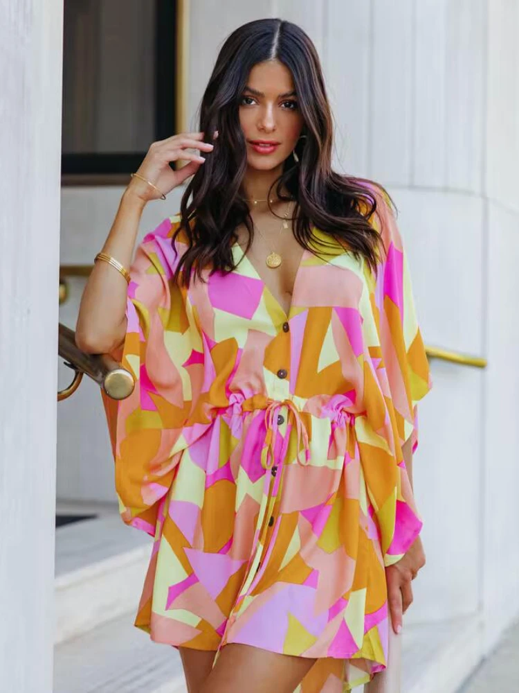 Casual Boho Beach Vacation Mini Sexy Dress Summer Print Lace Up Button Doll Sleeves Women's Loose Ladies Robe Dress Elegant
Casual Boho Beach Vacation Mini Sexy Dress Summer Print Lace Up Button Doll Sleeves Women's Loose Ladies Robe Dress Elegant