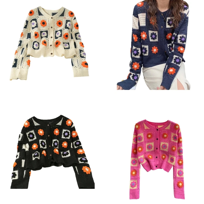 New style Women Knit Long Sleeve Crochet Cardigan Flower Embroidery Button Down Sweater 
New style Women Knit Long Sleeve Crochet Cardigan Flower Embroidery Button Down Sweater
