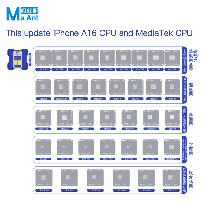 MAant Magnetic Tin Planting Platform For A8-A16 iPhone QUALCOMM HiSilico EMMC BGA CPU Reballing Stencil Repair Tool
MAant Magnetic Tin Planting Platform For A8-A16 iPhone QUALCOMM HiSilico EMMC BGA CPU Reballing Stencil Repair Tool