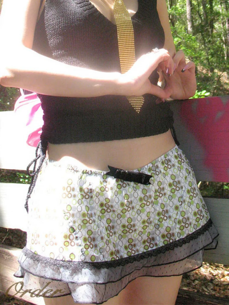 

DEEPTOWN Y2k Mini Skirt Women Low Waist A-line Ruffles Patchwork Lace Cute Sexy Polka Dot Skirt Summer Coquette Girl Aesthetic