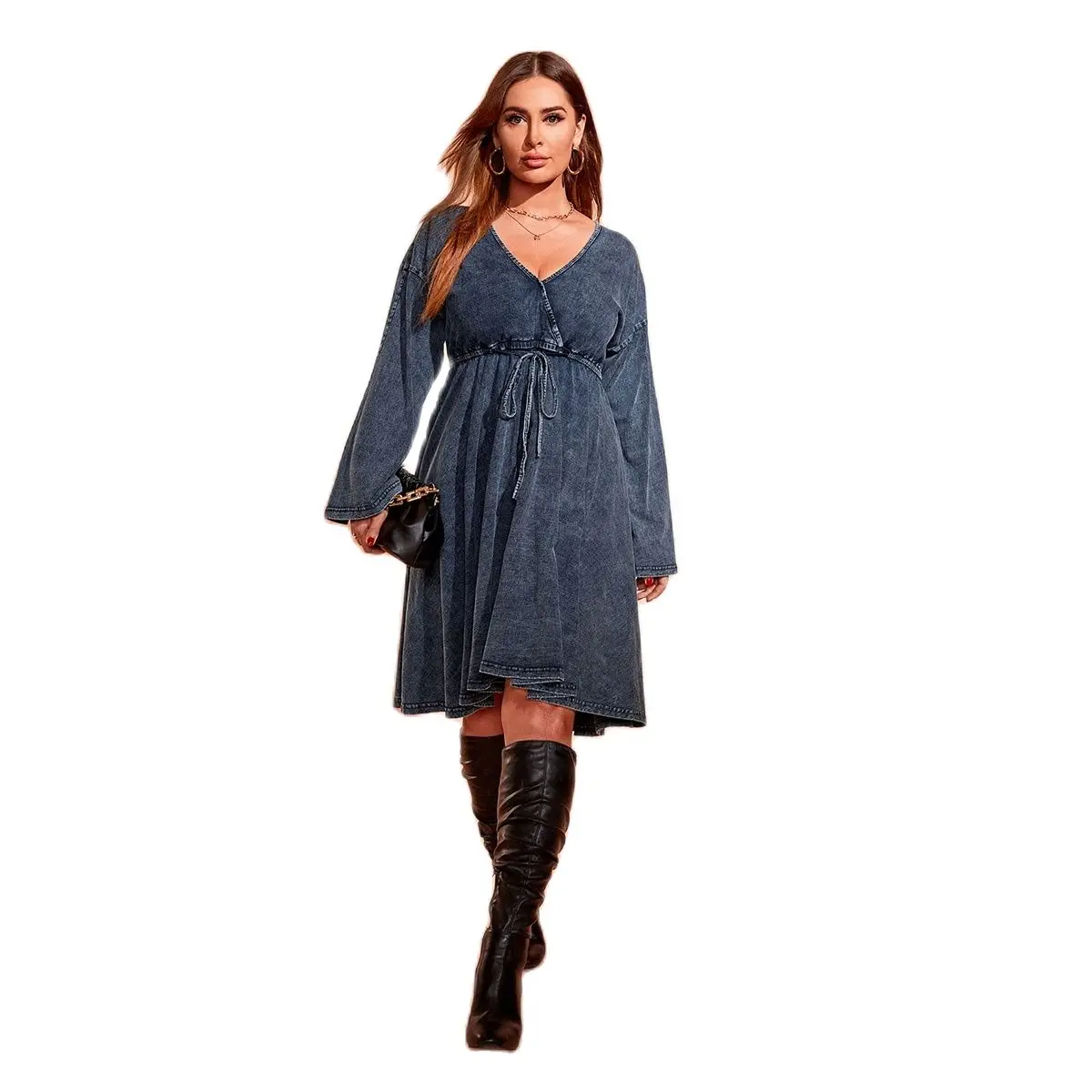 Plus Size Dress Denim Apparel Autumn Vintage V-Neck Dress Women Flared Sleeve Long Sleeve DrawstringWomen Denim Dress
Plus Size Dress Denim Apparel Autumn Vintage V-Neck Dress Women Flared Sleeve Long Sleeve DrawstringWomen Denim Dress