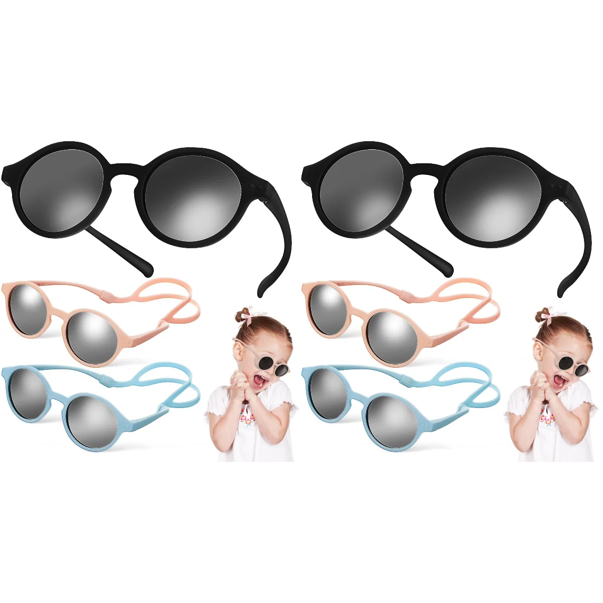 6 Pcs Kids Sunglasses with Straps Round Flexible Polarized Toddler Eyeglasses for Outdoor
6 Pcs Kids Sunglasses with Straps Round Flexible Polarized Toddler Eyeglasses for Outdoor