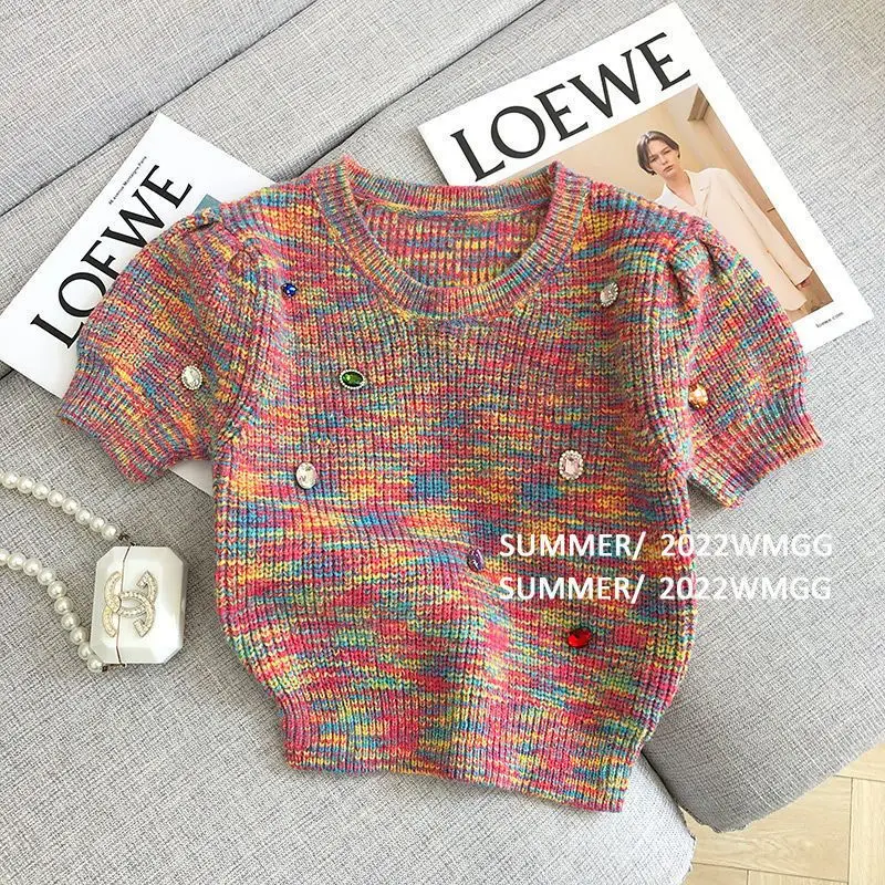 2023 Rainbow Knit Women's Summer New Fashionable and Fashionable Design with Jewelry Sweet Round Neck Short Sleeve
2023 Rainbow Knit Women's Summer New Fashionable and Fashionable Design with Jewelry Sweet Round Neck Short Sleeve