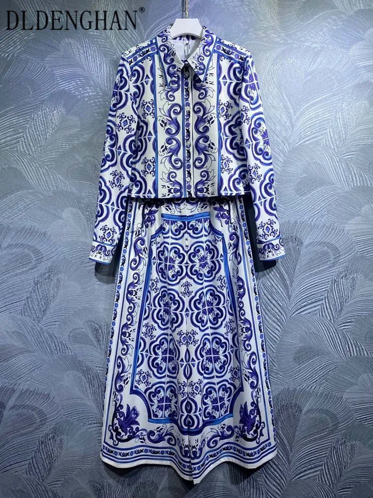 DLDENGHAN Autumn Suits Women Long Sleeves Short Shirt + Wide Leg Pants Blue and White Porcelain Print Vintage Two Piece Set
DLDENGHAN Autumn Suits Women Long Sleeves Short Shirt + Wide Leg Pants Blue and White Porcelain Print Vintage Two Piece Set