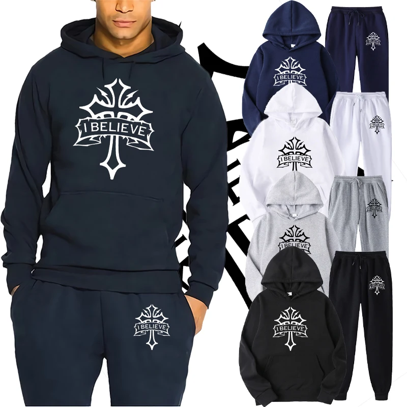 

Men's Tracksuit Sportswear I Believe Cross Faith Hoodie+Sweatpants Sets Pullover Sweatshirts Streetwear Tops Man Sport Suits