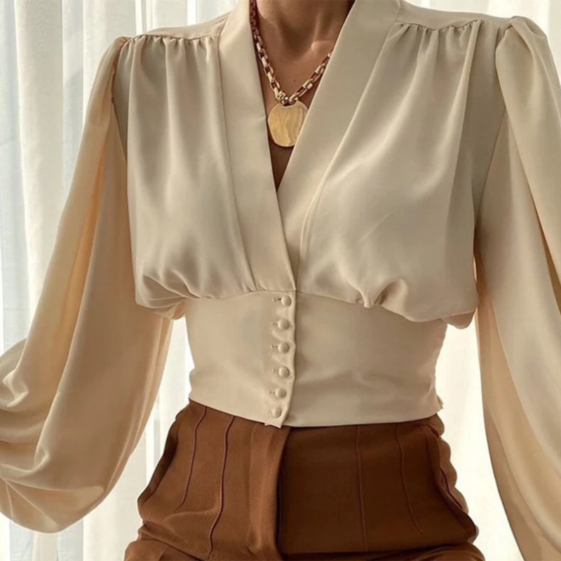 Women Sexy Wrap Deep V-Neck Blouse Vintage 1950s Lantern Long Sleeve Solid Color Buttons Up Slim Fit Cropped Tee Shirts
Women Sexy Wrap Deep V-Neck Blouse Vintage 1950s Lantern Long Sleeve Solid Color Buttons Up Slim Fit Cropped Tee Shirts