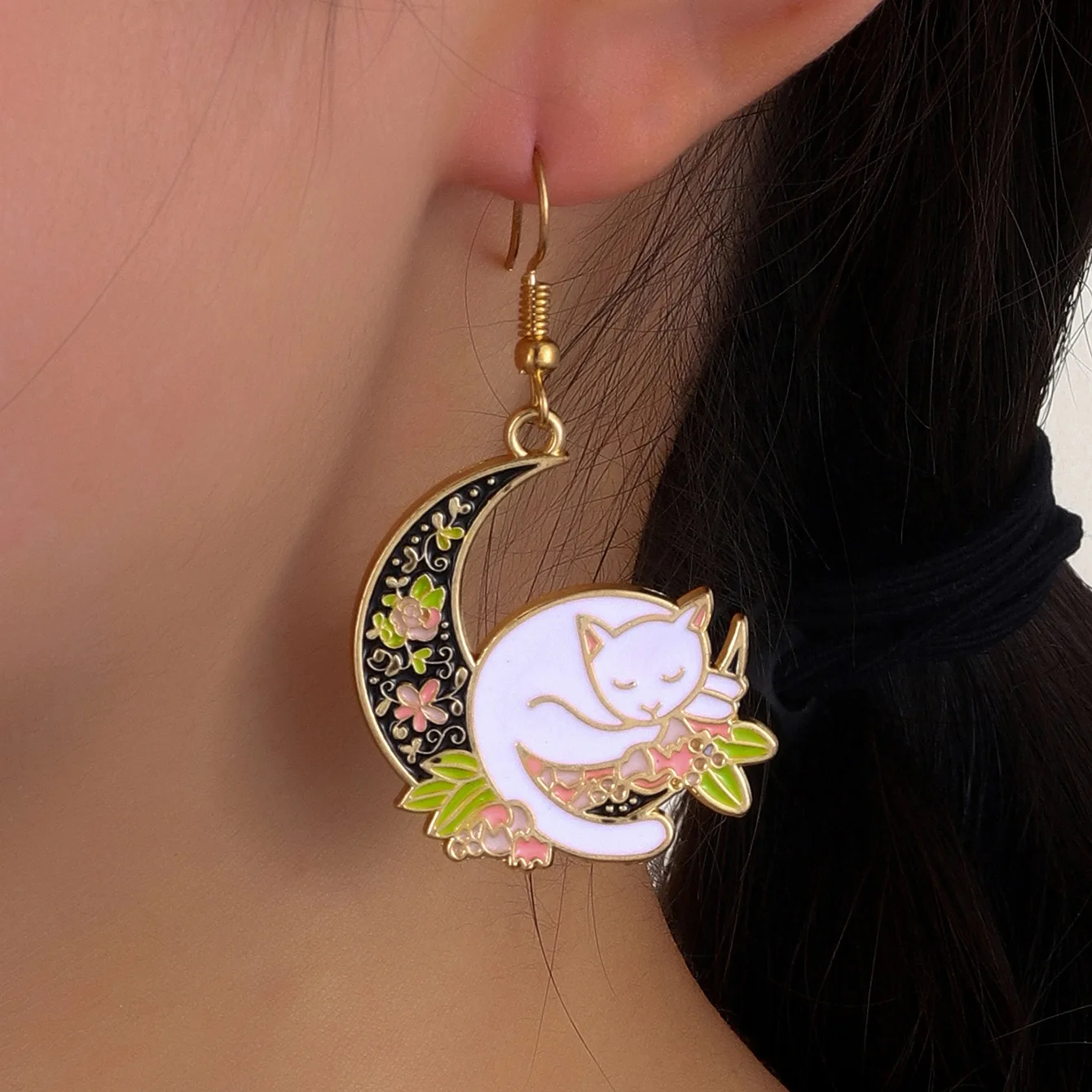 Sleeping White Cat on Floral Moon Earrings Kitten Gold Silver Hooks Hoops Clip On Animal Botanical
Sleeping White Cat on Floral Moon Earrings Kitten Gold Silver Hooks Hoops Clip On Animal Botanical