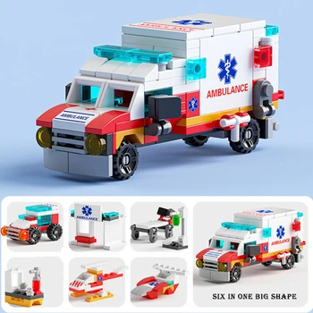 6in1 NEW Ambulance Escort Car Helicopter Paramedic Doctor Mini Loader Truck Classic Model Building Blocks Sets Bricks Toy City