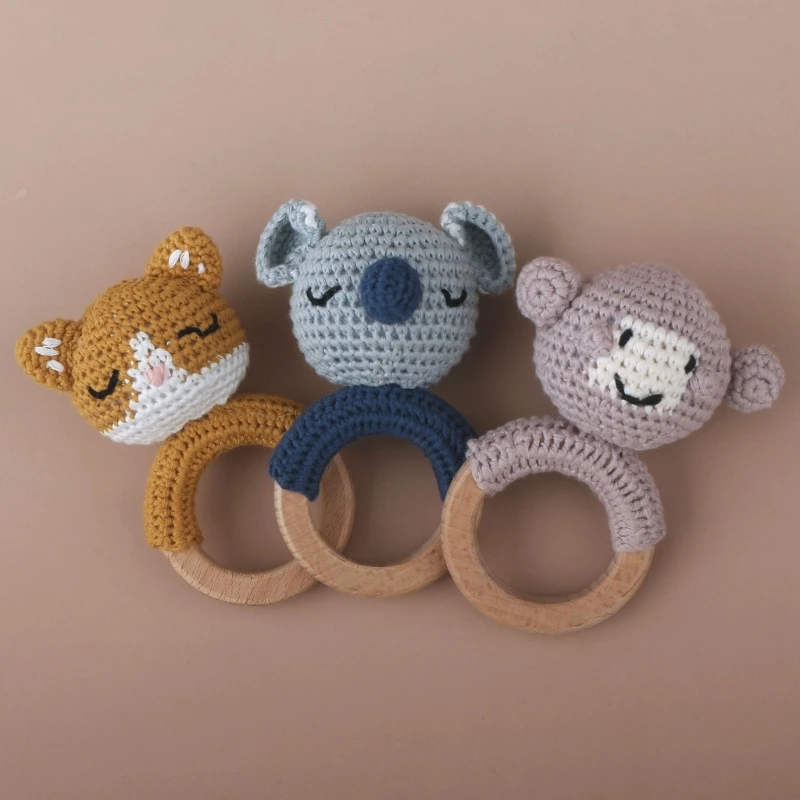 

Baby Teether Toy Animals Rattles for Kid Crochet Ring Wood Babies Early Educational Toy for 0-3 Months Infant Boy Girl