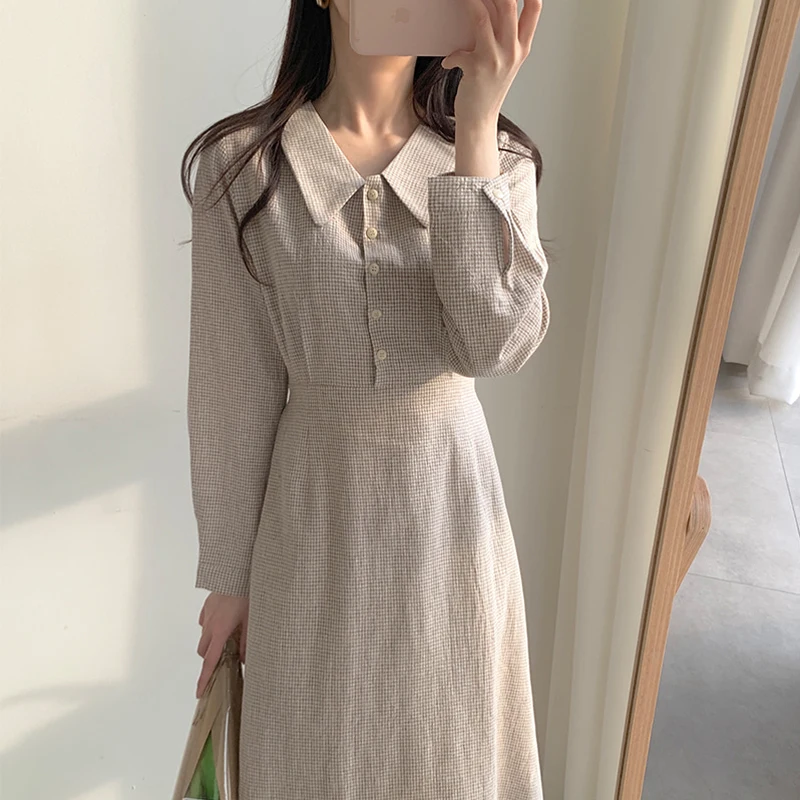 Plaid Buttons Single-Breasted Long Sleeve Women Dresses Turn-Down Neck Spring Beige Color Lady Ball Gown Dress Clothes
Plaid Buttons Single-Breasted Long Sleeve Women Dresses Turn-Down Neck Spring Beige Color Lady Ball Gown Dress Clothes