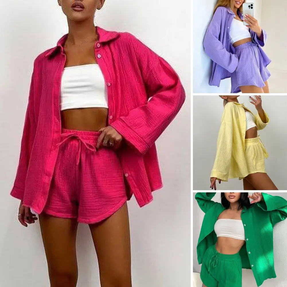 Women Shirt Shorts Set Solid Color Lapel Single-breasted Long Sleeve Tops Loose Drawstring Shorts Summer Outfit conjuntos cortos
Women Shirt Shorts Set Solid Color Lapel Single-breasted Long Sleeve Tops Loose Drawstring Shorts Summer Outfit conjuntos cortos