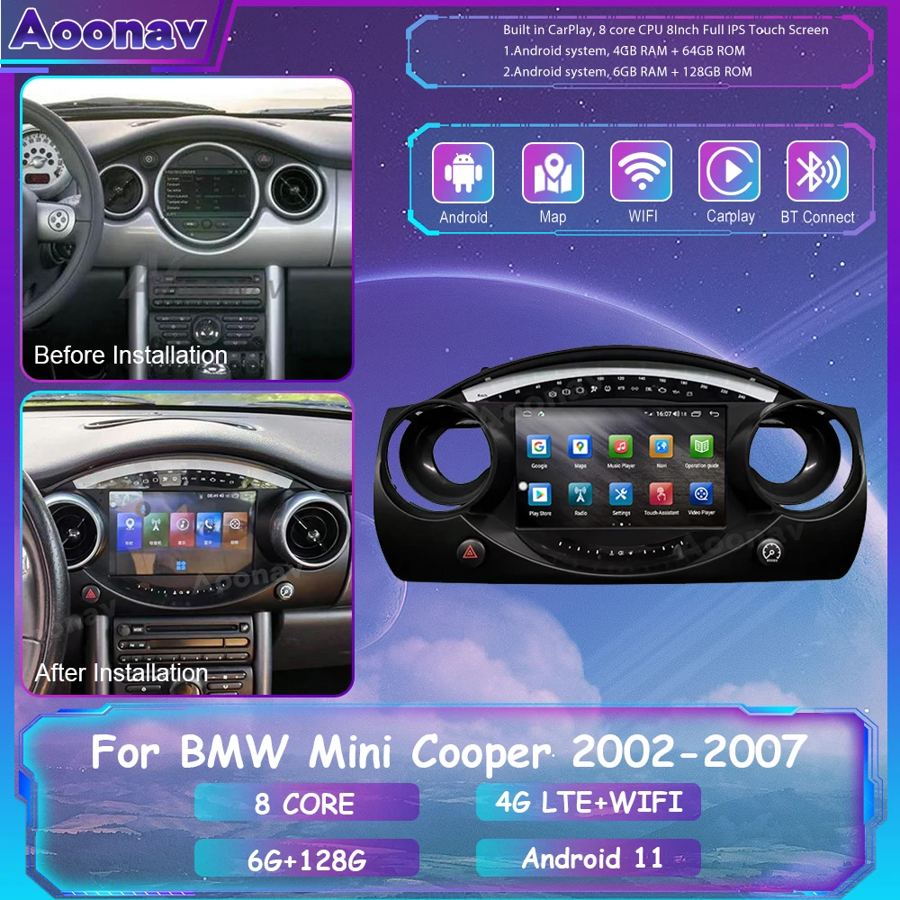 

Автомагнитола 128G Android 11 для BMW Mini Cooper S R50 R52 R53 2002-2007, автомобильный мультимедийный плеер, навигация, стерео, GPS, головное устройство