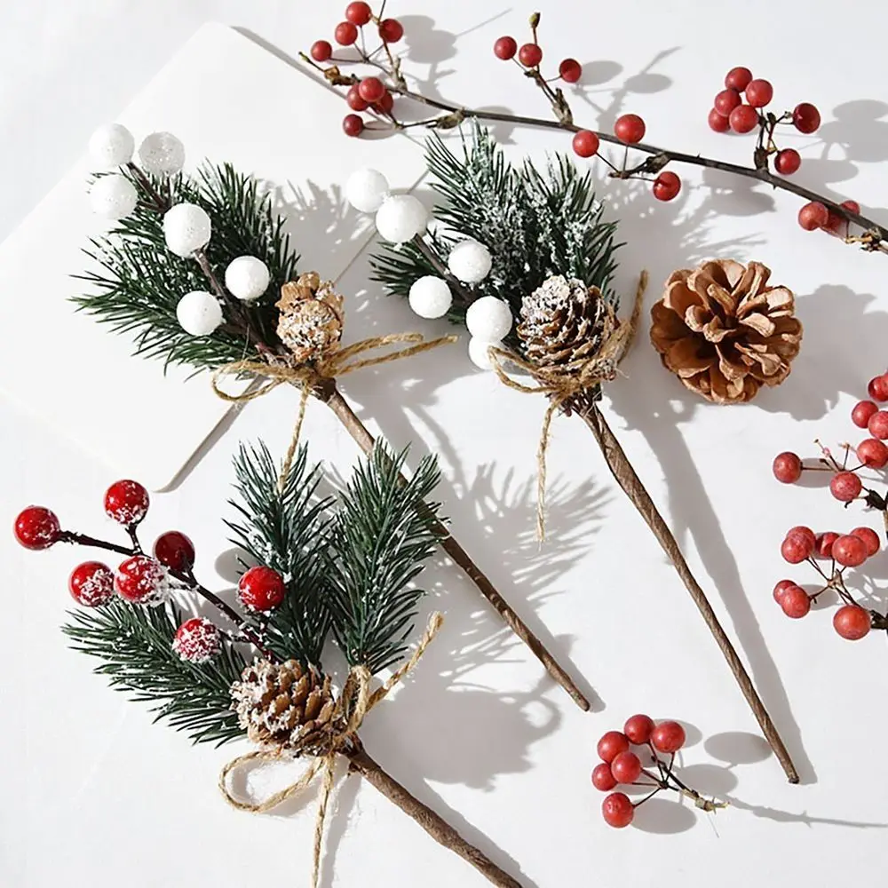 

5pcs Artificial Flower Fake Snow Frost Pine Branch Cone Berry Holly Diy Xmas Tree Ornament Home Christmas Decor Supplies Gift