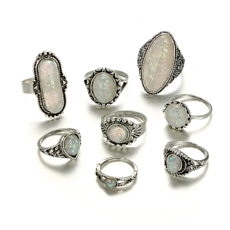 8pcs/set Vintage Antique Silver Color Rings Sets Colorful Opal Crystal Stone Carved Knuckle for Women Men Bohemian Jewelry |