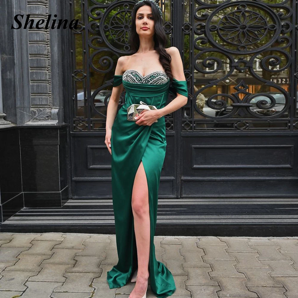 

Shelina Charming Sweetheart Homecoming Dresses Off the Shoulder Crystal Pleat Split Sweep Train Vestido De Noite Custom Made