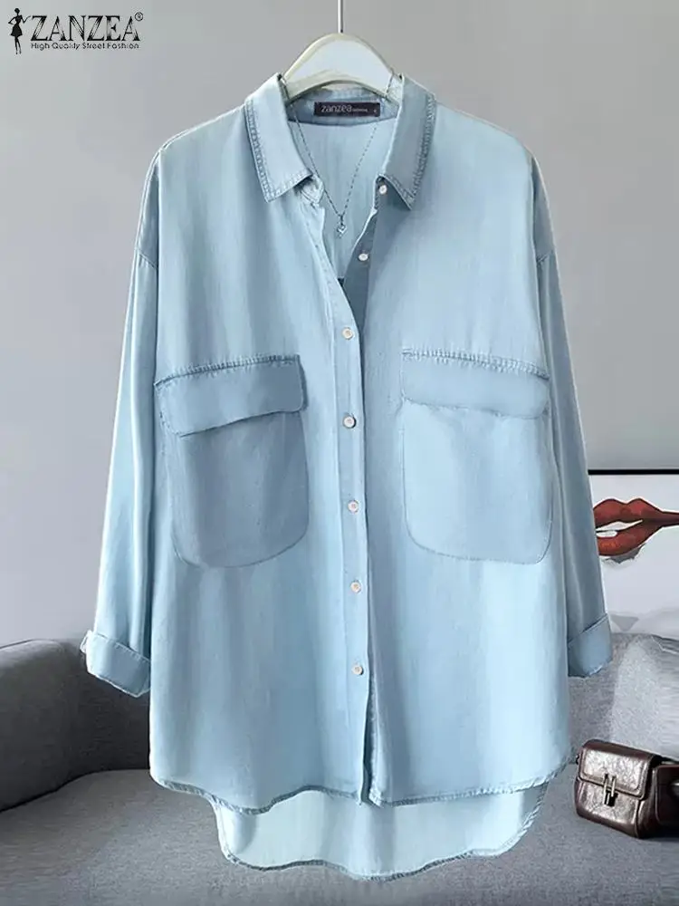 ZANZEA 2023 Autumn Long Sleeve Buttons Tops Fashion Denim Shirts Women Casual Turn Down Collar High Low Chemise Pockets Blusas
ZANZEA 2023 Autumn Long Sleeve Buttons Tops Fashion Denim Shirts Women Casual Turn Down Collar High Low Chemise Pockets Blusas