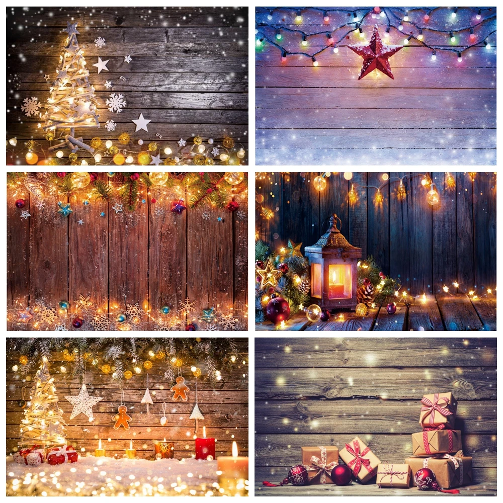 

Christmas Glitter Wood Board Backdrop Rustic Wood Wall Xmas Tree Snowman Snowflake Bells Family Party Photography Background
