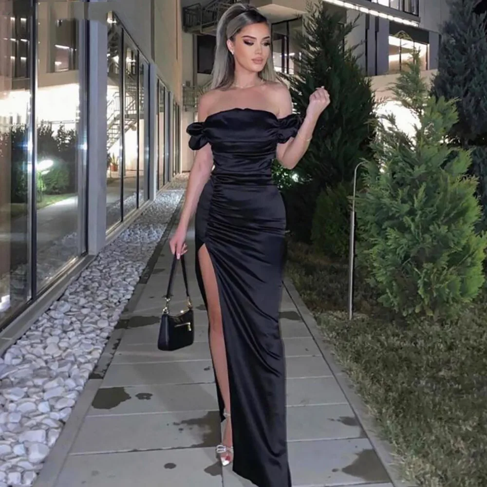 Satin Black Long Evening Dresses with Side Slit Off The Shoulder Party Dress Pleats Mermaid Women Prom Gowns Formal
Satin Black Long Evening Dresses with Side Slit Off The Shoulder Party Dress Pleats Mermaid Women Prom Gowns Formal