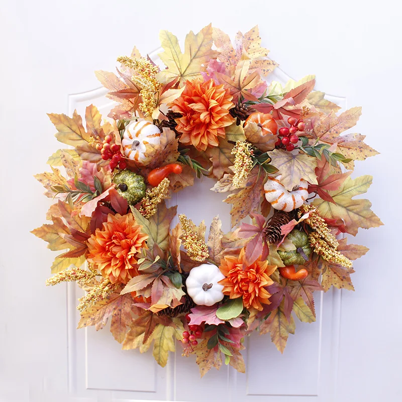 

24" Autumn Thanksgiving Flower Wreath for Door Rattan Pumpkin Pine Cone and Berry Wreaths Home Depot Party Farmhous Decor