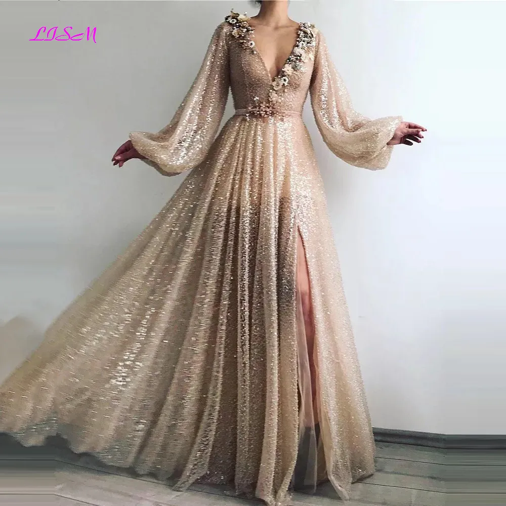 

Sparkling Sexy Gold Formal Prom Dress Flowers V-Neck Sequin A-Line Dubai Arabic Long Sleeves Evening Dresses Elegant Party Gowns