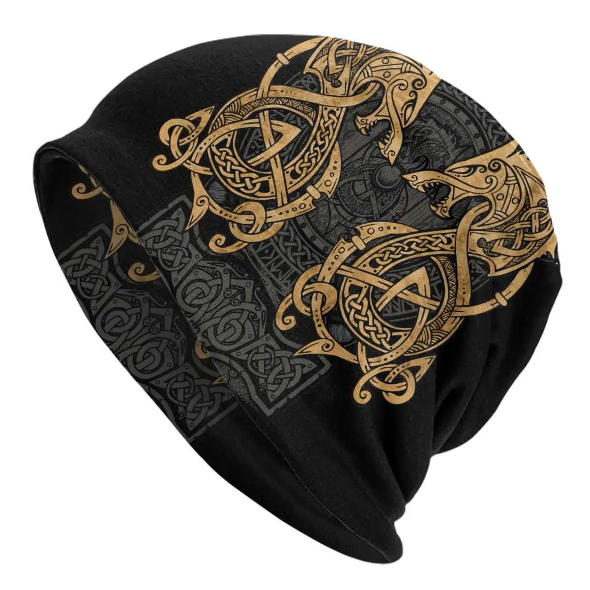 

Fighting Fenrir Gold,viking Adult Knit Hat Men's Women's Keep warm winter knitted hat