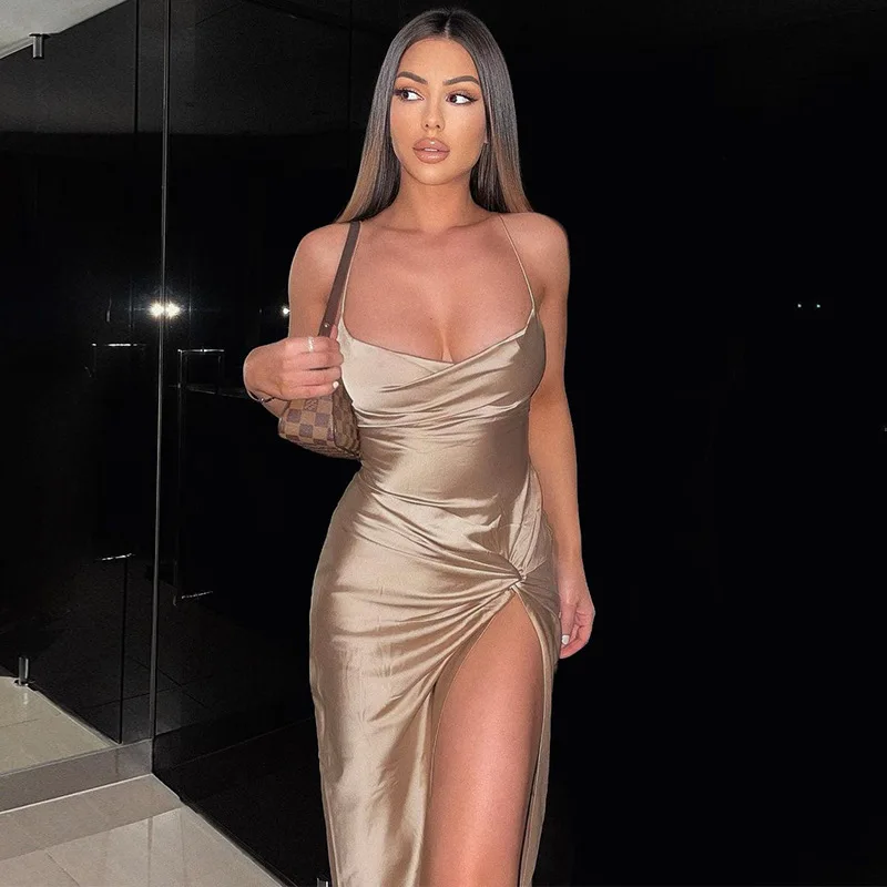 Satin Sexy Backless Strappy Bandage Split Midi Dress for Women Elegant Fashion Draped Dresses Club Party Clothes
Satin Sexy Backless Strappy Bandage Split Midi Dress for Women Elegant Fashion Draped Dresses Club Party Clothes