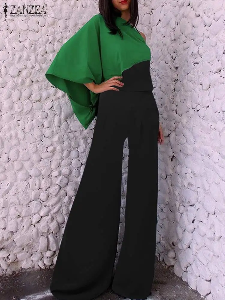 

ZANZEA Elegant High Waist Overalls with Shawl Color Blocking Summer Fashion Strapless Long Rompers Wide Leg Women Jumpsuits