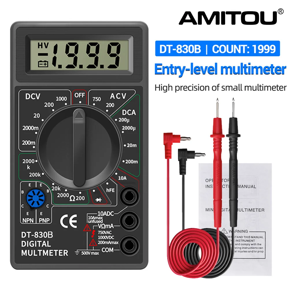 AMITOU DT830B Digital Multimeter AC/DC LCD Mini Voltmeter Ammeter Ohm Tester 750/1000V High Safety Handheld Meter With Probe
AMITOU DT830B Digital Multimeter AC/DC LCD Mini Voltmeter Ammeter Ohm Tester 750/1000V High Safety Handheld Meter With Probe